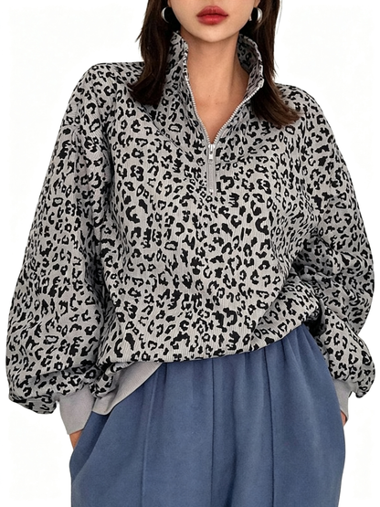 Women Half Zip Leopard Print Oversized Drop Shoulder Pullover