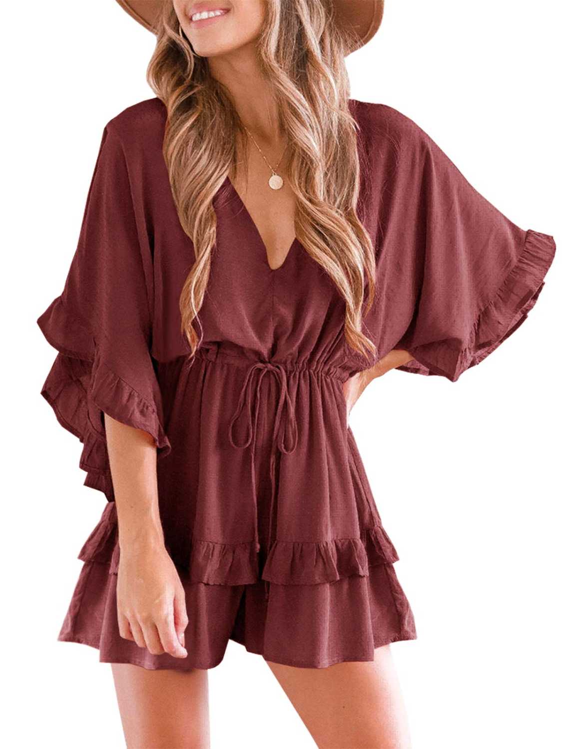 Womens V Neck Ruffle Layered Drawstring Waisted Shorts Jumpsuit