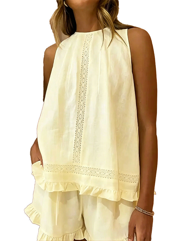 Sleeveless Lace Insert Ruffle Trim Tank Top & Matching Shorts 2 Piece Set