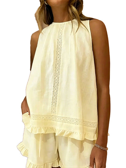 Sleeveless Lace Insert Ruffle Trim Tank Top & Matching Shorts 2 Piece Set