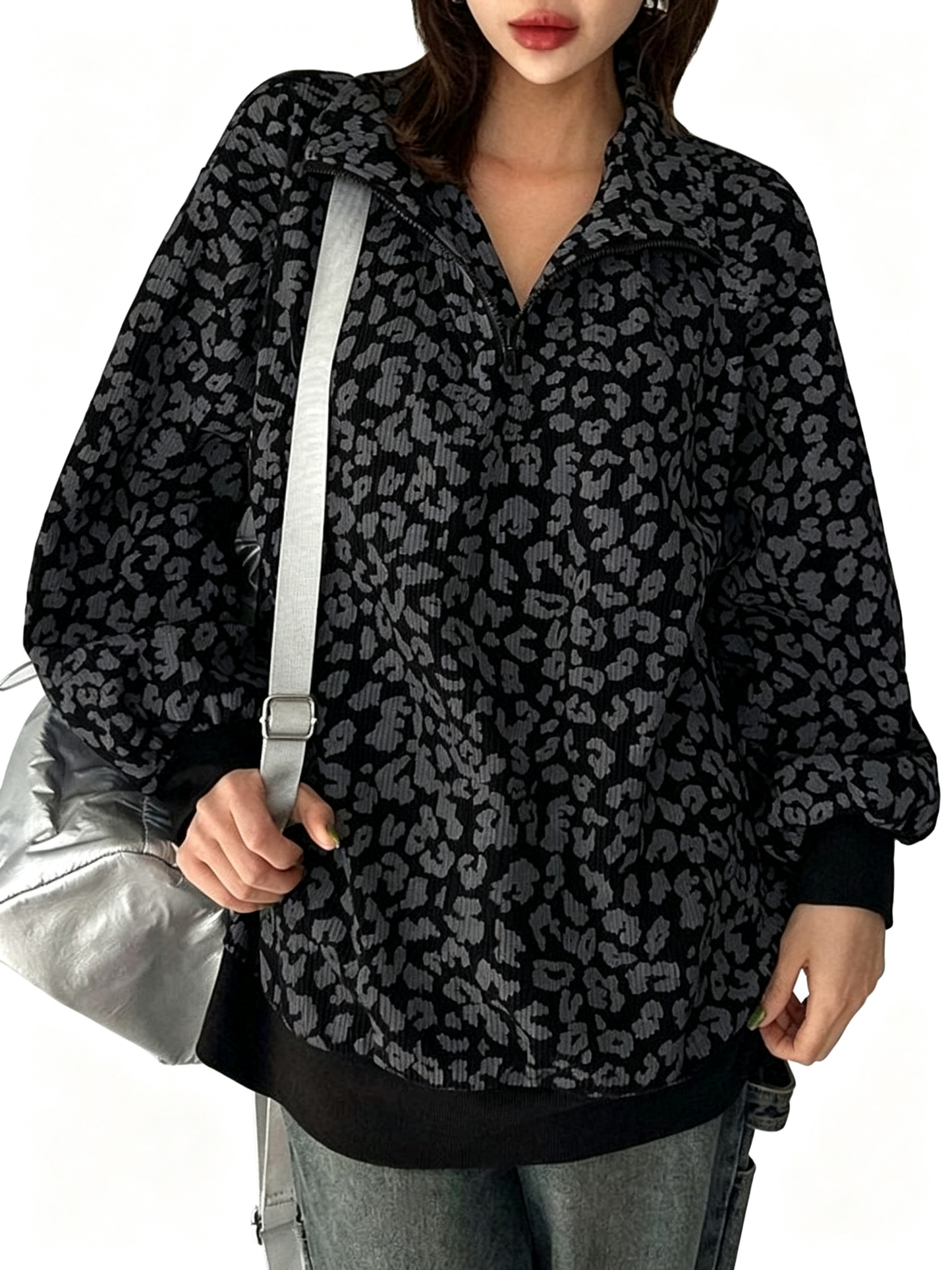 Women Half Zip Leopard Print Oversized Drop Shoulder Pullover