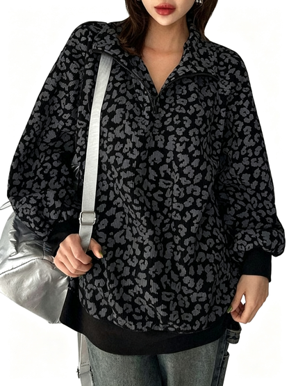 Women Half Zip Leopard Print Oversized Drop Shoulder Pullover