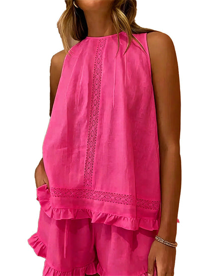 Sleeveless Lace Insert Ruffle Trim Tank Top & Matching Shorts 2 Piece Set