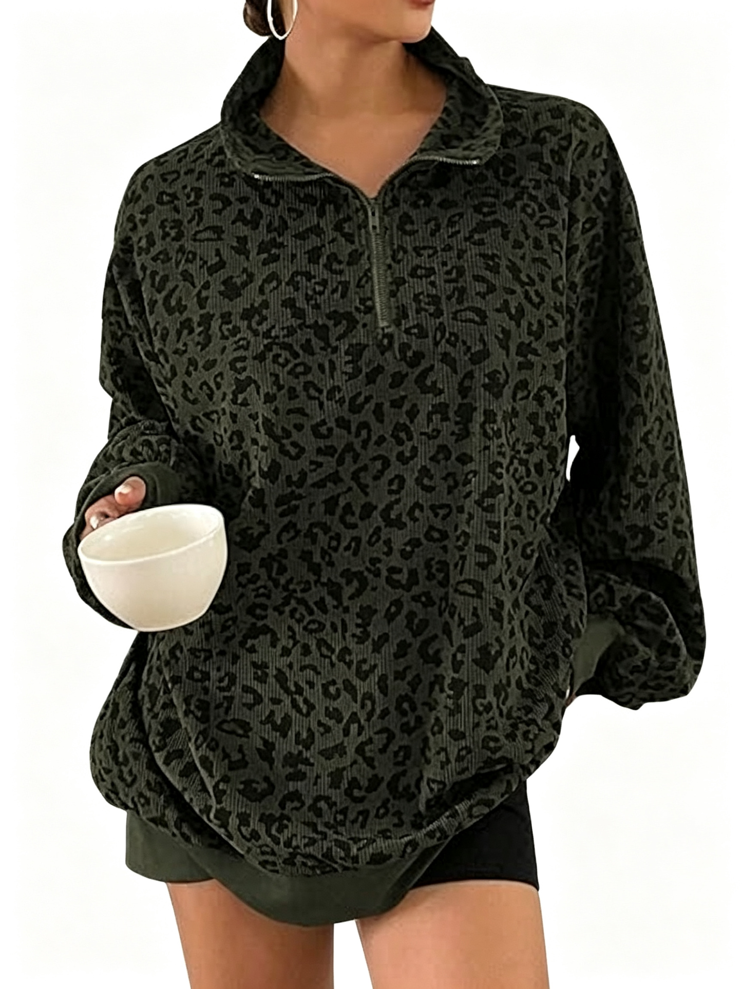 Women Half Zip Leopard Print Oversized Drop Shoulder Pullover