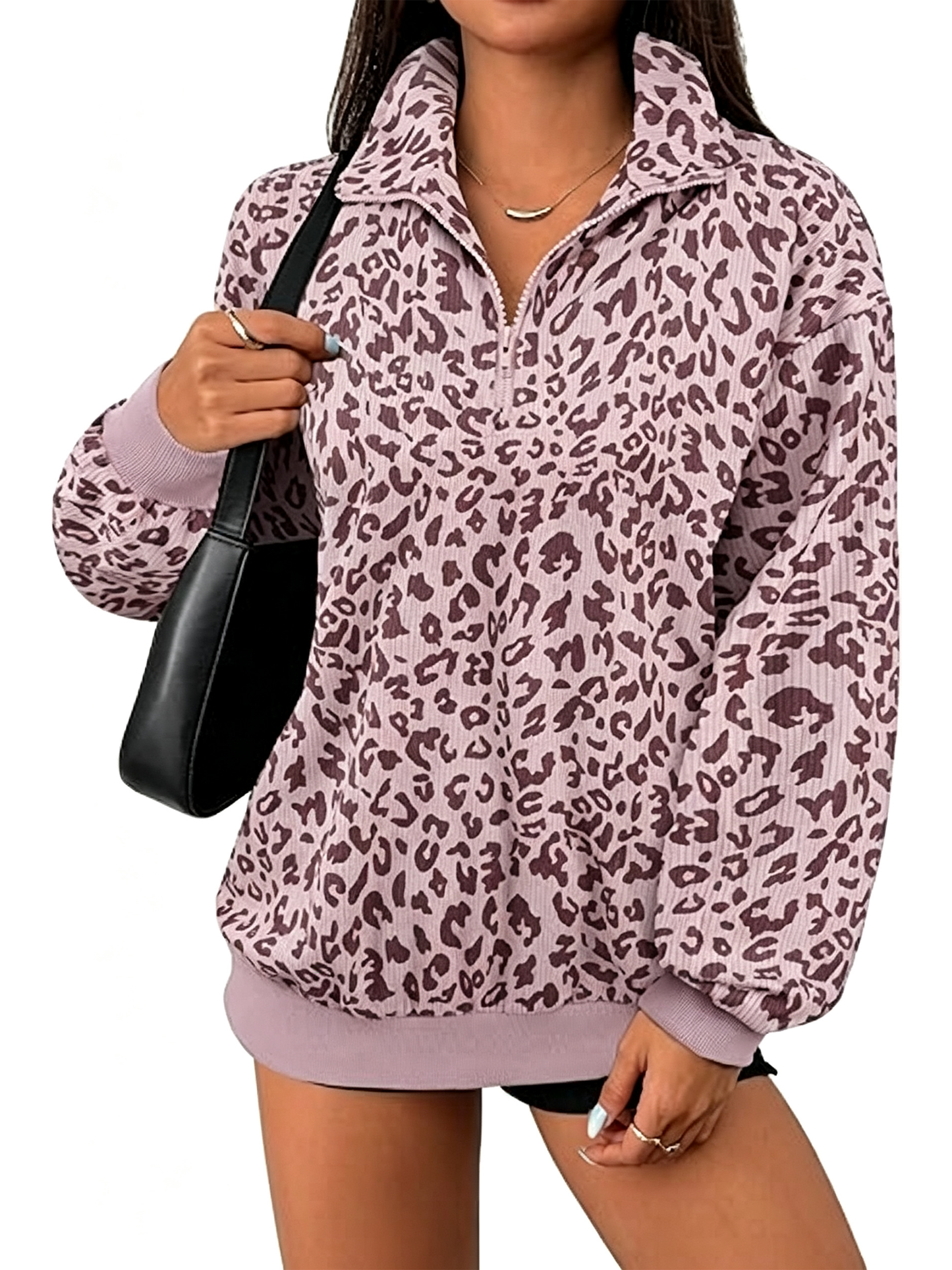 Women Half Zip Leopard Print Oversized Drop Shoulder Pullover