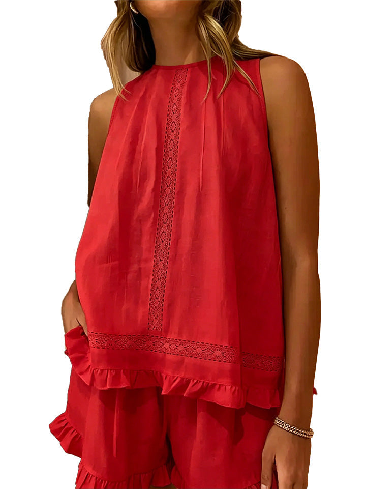 Sleeveless Lace Insert Ruffle Trim Tank Top & Matching Shorts 2 Piece Set