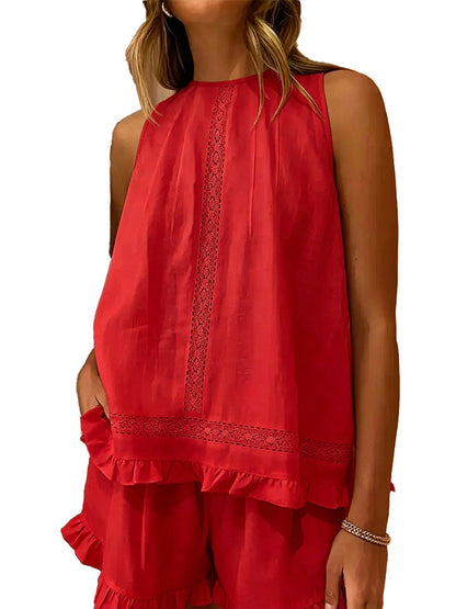 Sleeveless Lace Insert Ruffle Trim Tank Top & Matching Shorts 2 Piece Set