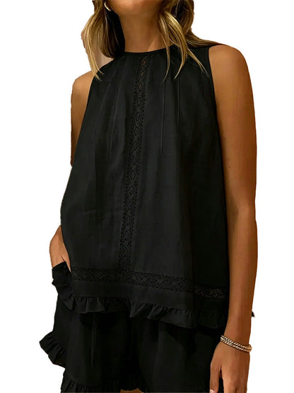 Sleeveless Lace Insert Ruffle Trim Tank Top & Matching Shorts 2 Piece Set