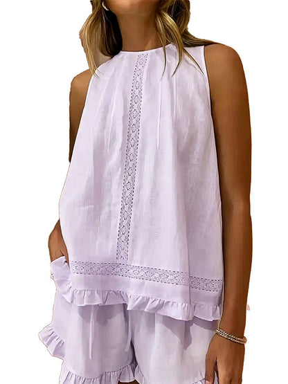 Sleeveless Lace Insert Ruffle Trim Tank Top & Matching Shorts 2 Piece Set