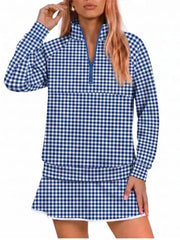 Women Classic Gingham Half‑Zip Top & Layered Skort Casual Sports Two‑Piece Set
