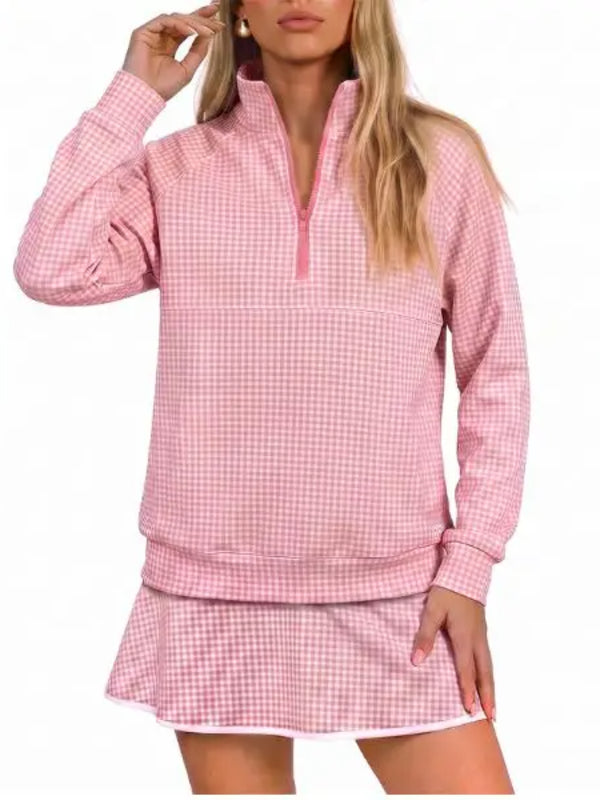 Women Classic Gingham Half‑Zip Top & Layered Skort Casual Sports Two‑Piece Set