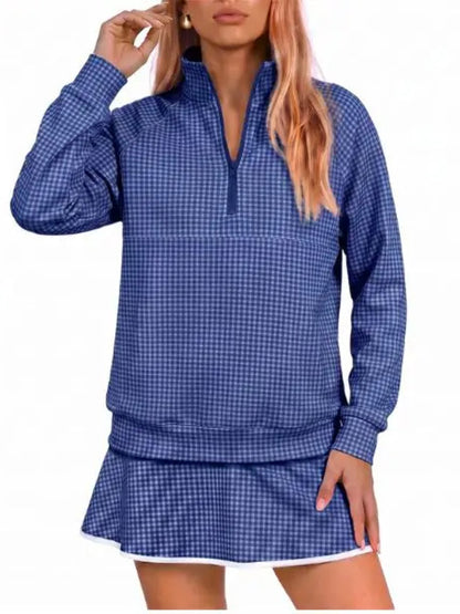 Women Classic Gingham Half‑Zip Top & Layered Skort Casual Sports Two‑Piece Set