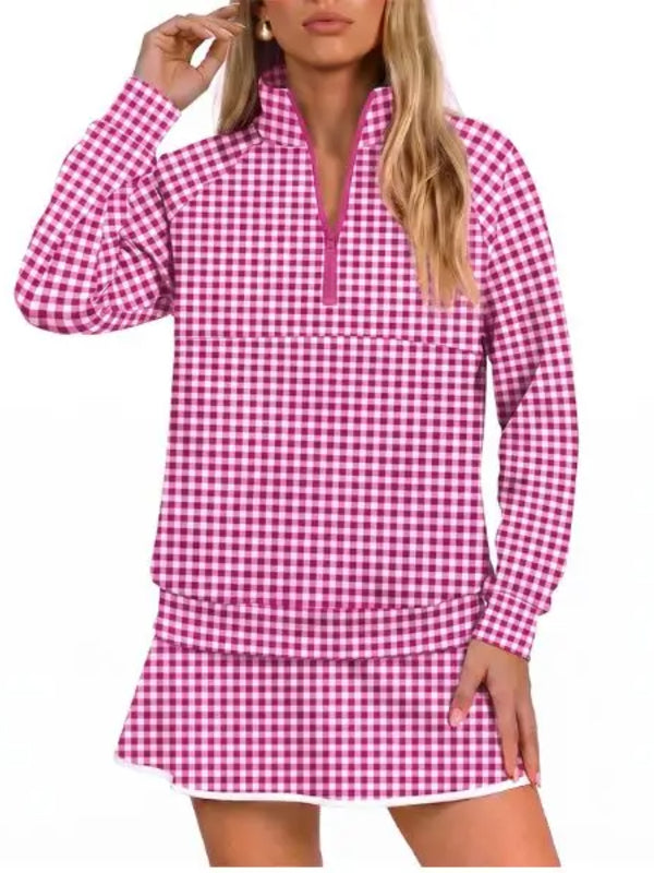 Women Classic Gingham Half‑Zip Top & Layered Skort Casual Sports Two‑Piece Set