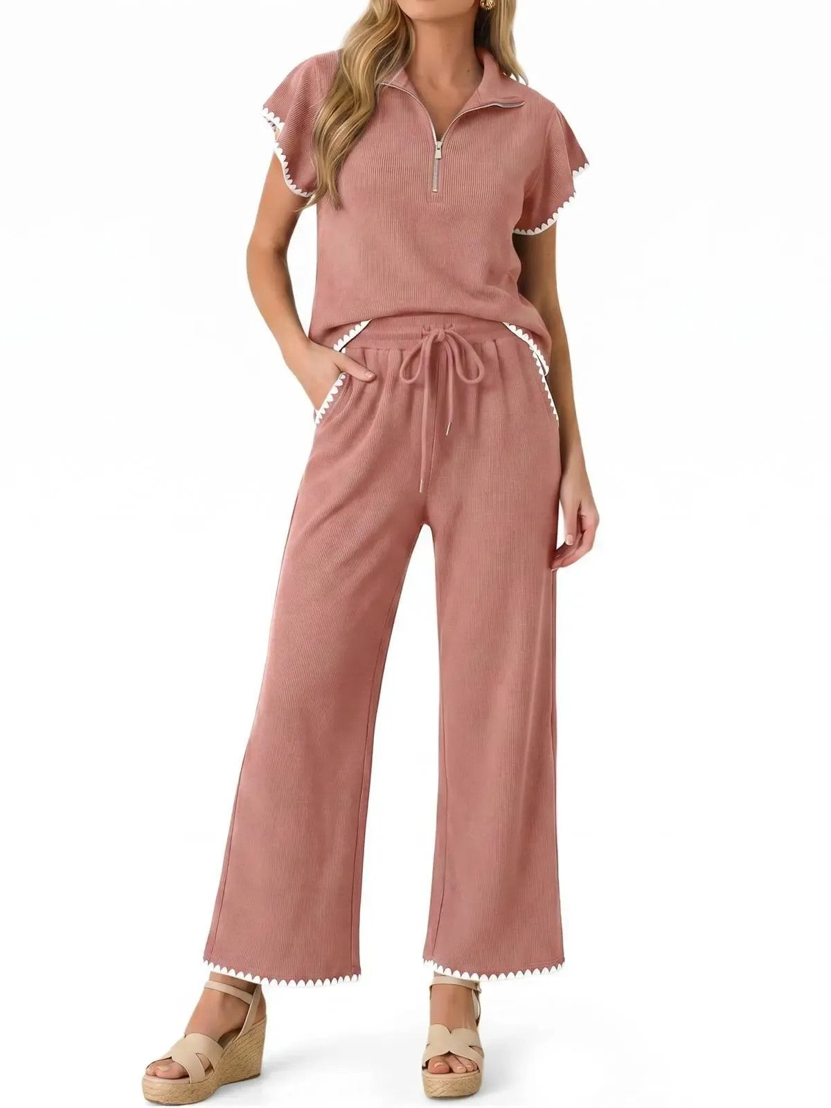 Women Short‑Sleeve Half‑Zip Knit Top With Pockets Scalloped Hem Wide Leg Pant Set