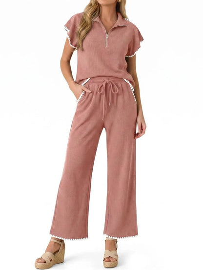 Women Short‑Sleeve Half‑Zip Knit Top With Pockets Scalloped Hem Wide Leg Pant Set