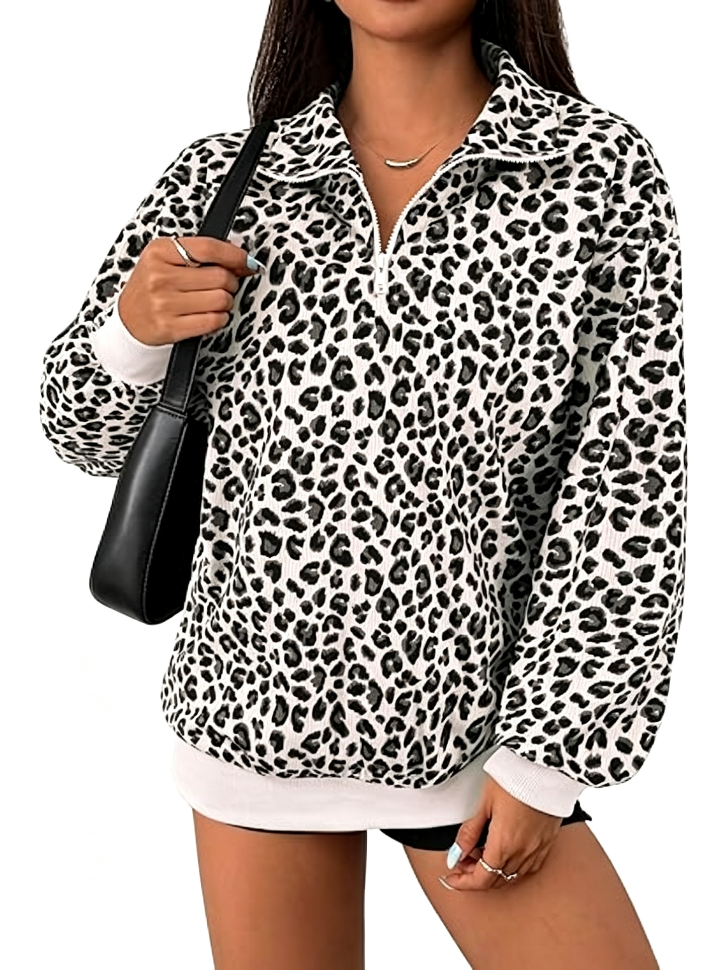 Women Half Zip Leopard Print Oversized Drop Shoulder Pullover