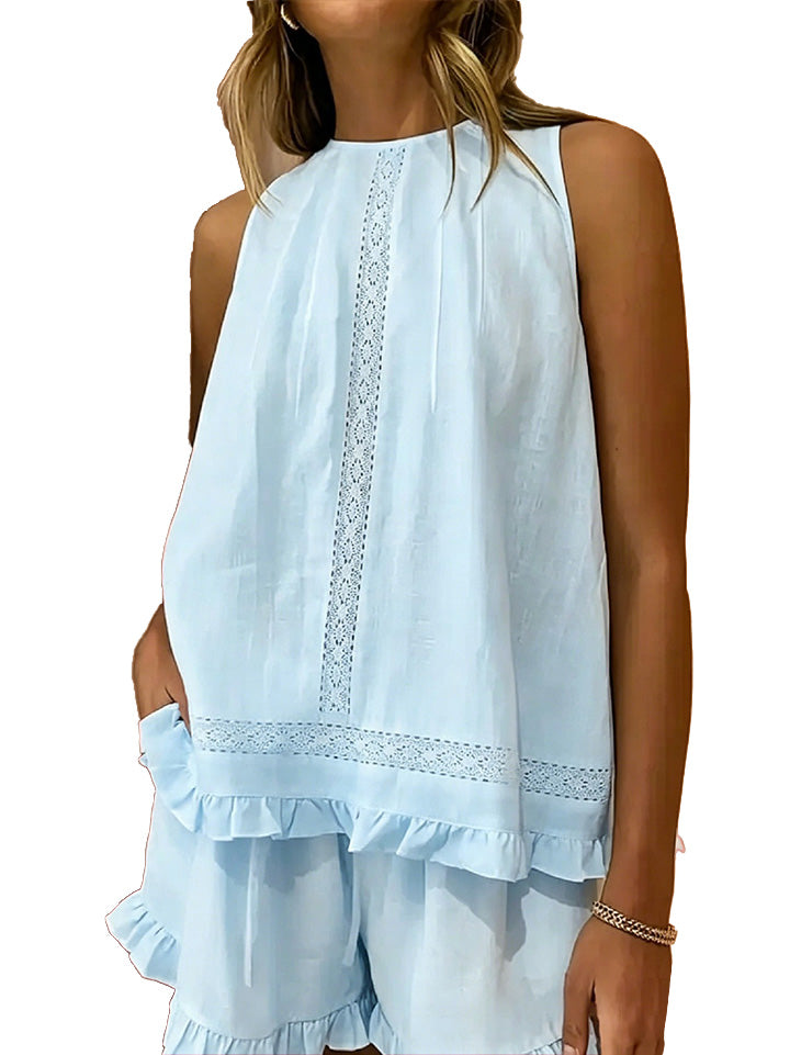 Sleeveless Lace Insert Ruffle Trim Tank Top & Matching Shorts 2 Piece Set
