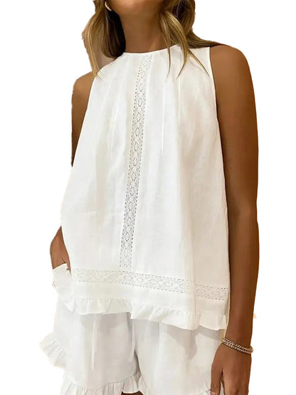 Sleeveless Lace Insert Ruffle Trim Tank Top & Matching Shorts 2 Piece Set