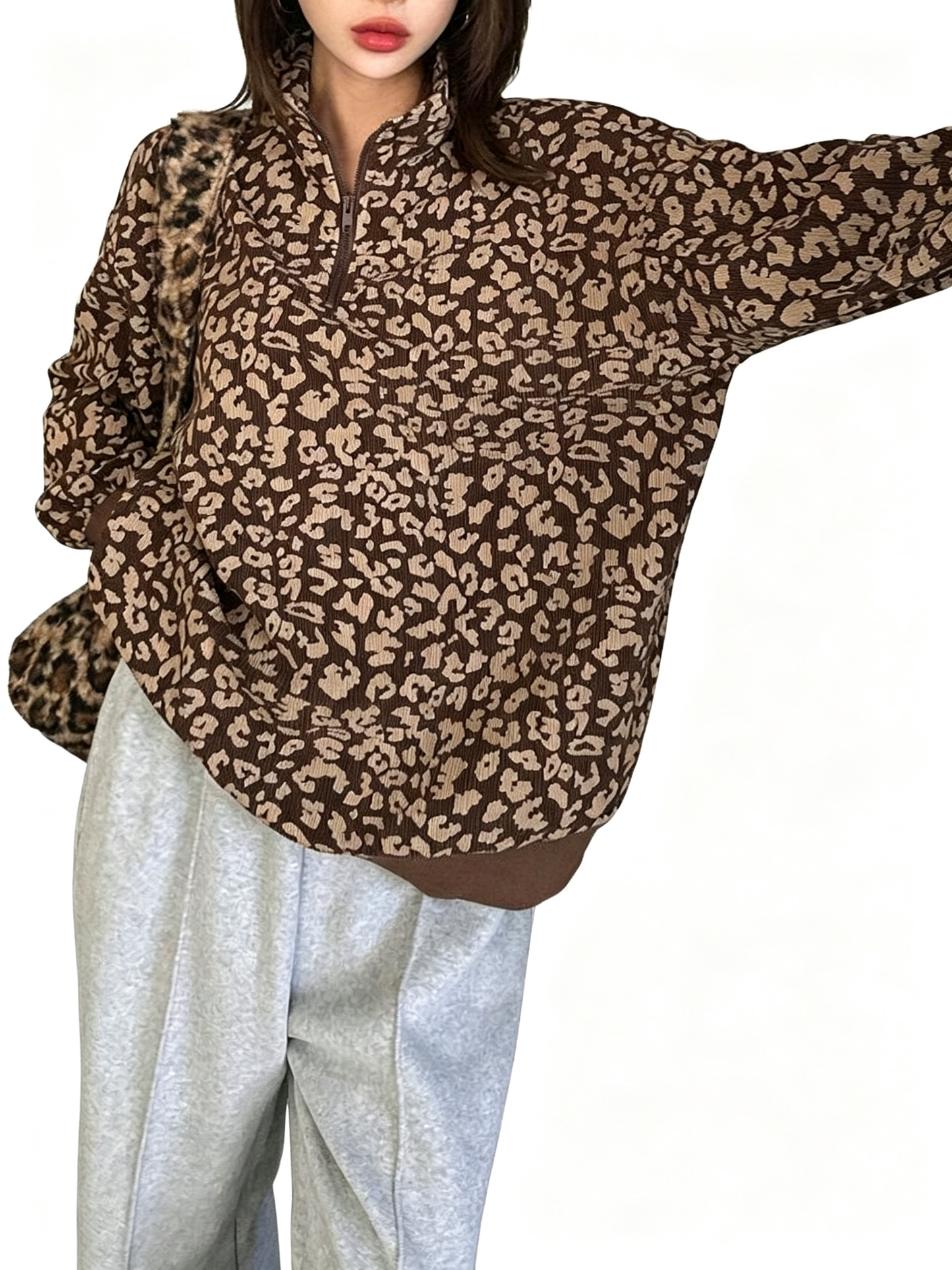 Women Half Zip Leopard Print Oversized Drop Shoulder Pullover