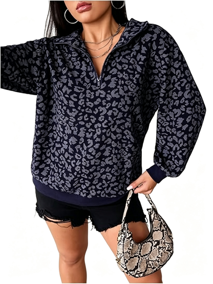 Women Half Zip Leopard Print Oversized Drop Shoulder Pullover