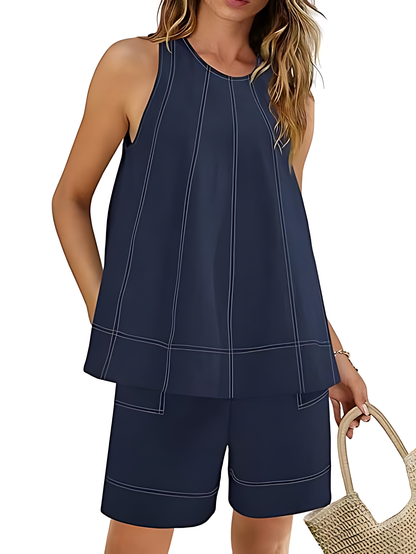 Women's Contrast Stitch 2-Piece Outfit, Sleeveless Tank Top & High Waist Shorts Set
