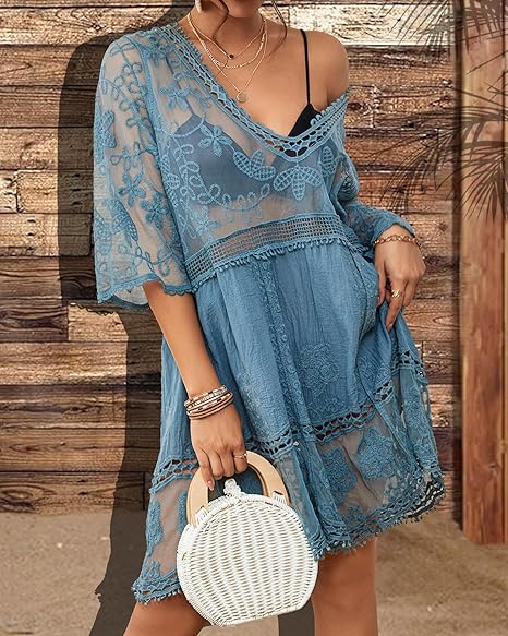 Women's Contrast Lace Bathing Suit Cover Up V-Neck Swimsuit Coverups