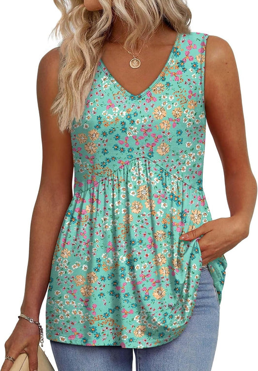 ⏰Hot Sale-Women's Print Flowy Sleeveless V Neck Peplum Tank Tops
