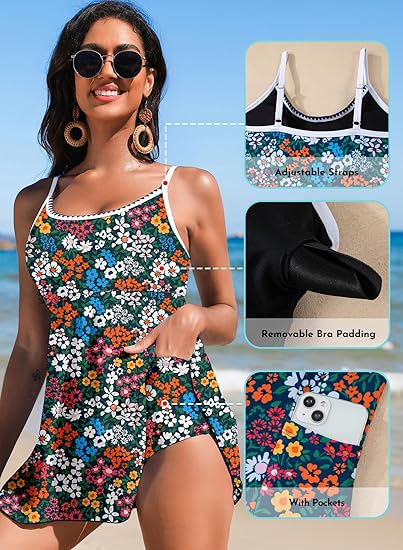 ⏰Hot Sale-Women's Ditsy Floral Spaghetti Strap Skirted One Piece Swimsuit With Pockets
