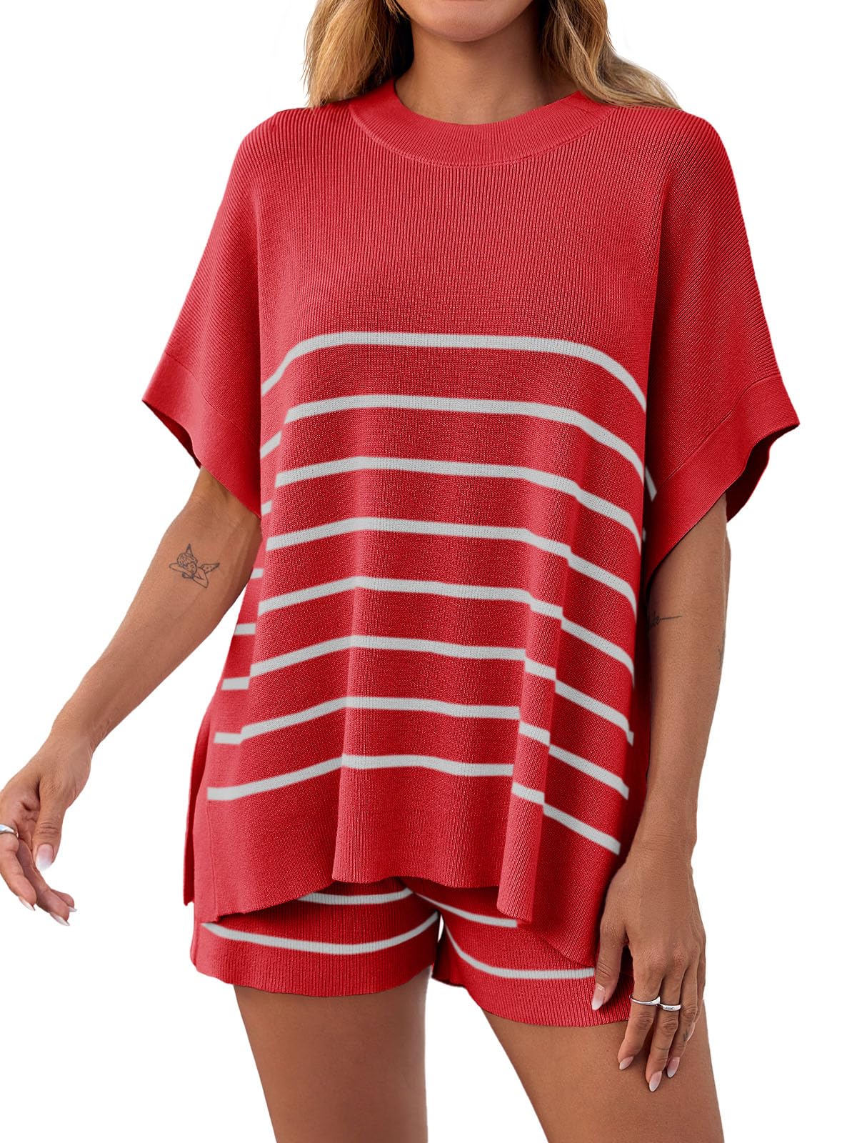 Women's Striped Two-Piece Oversized Batwing Sleeve Short Sleeve Top and Shorts Set