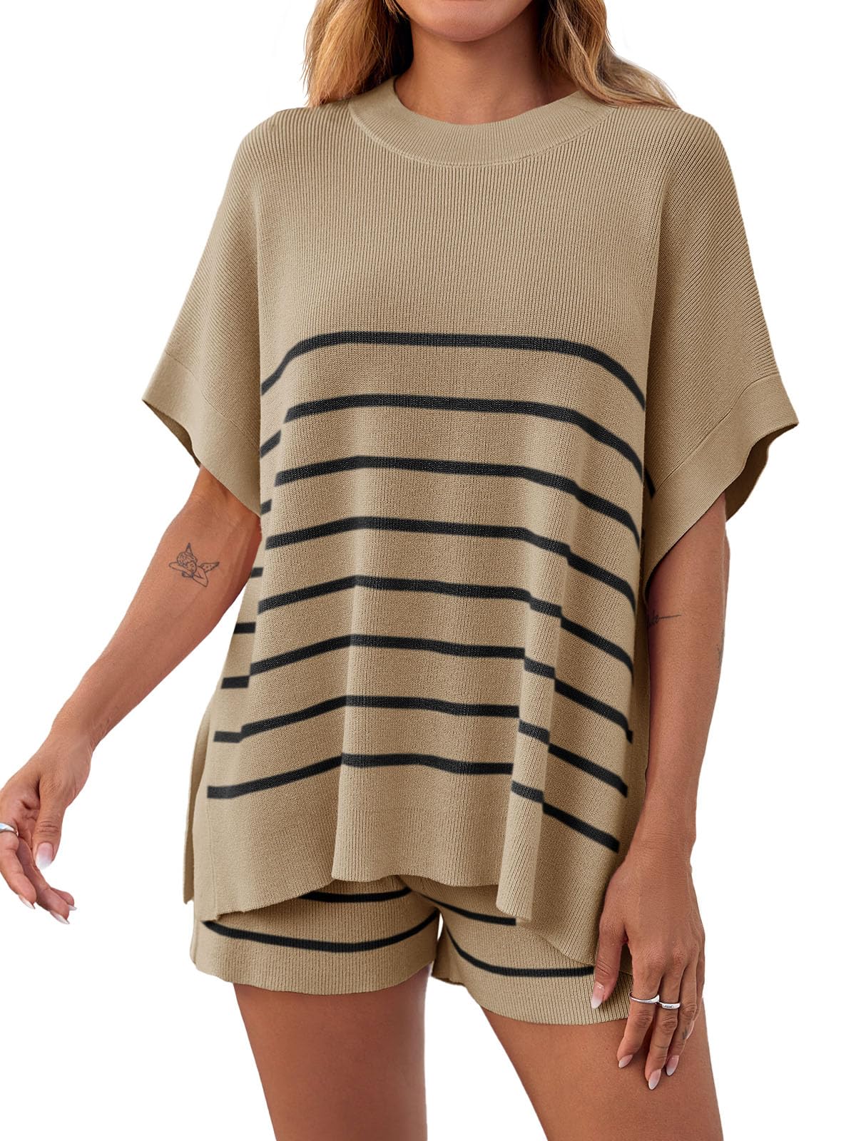 Women's Striped Two-Piece Oversized Batwing Sleeve Short Sleeve Top and Shorts Set