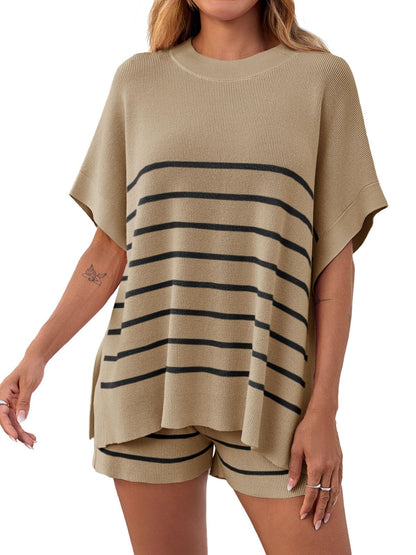 Women's Striped Two-Piece Oversized Batwing Sleeve Short Sleeve Top and Shorts Set