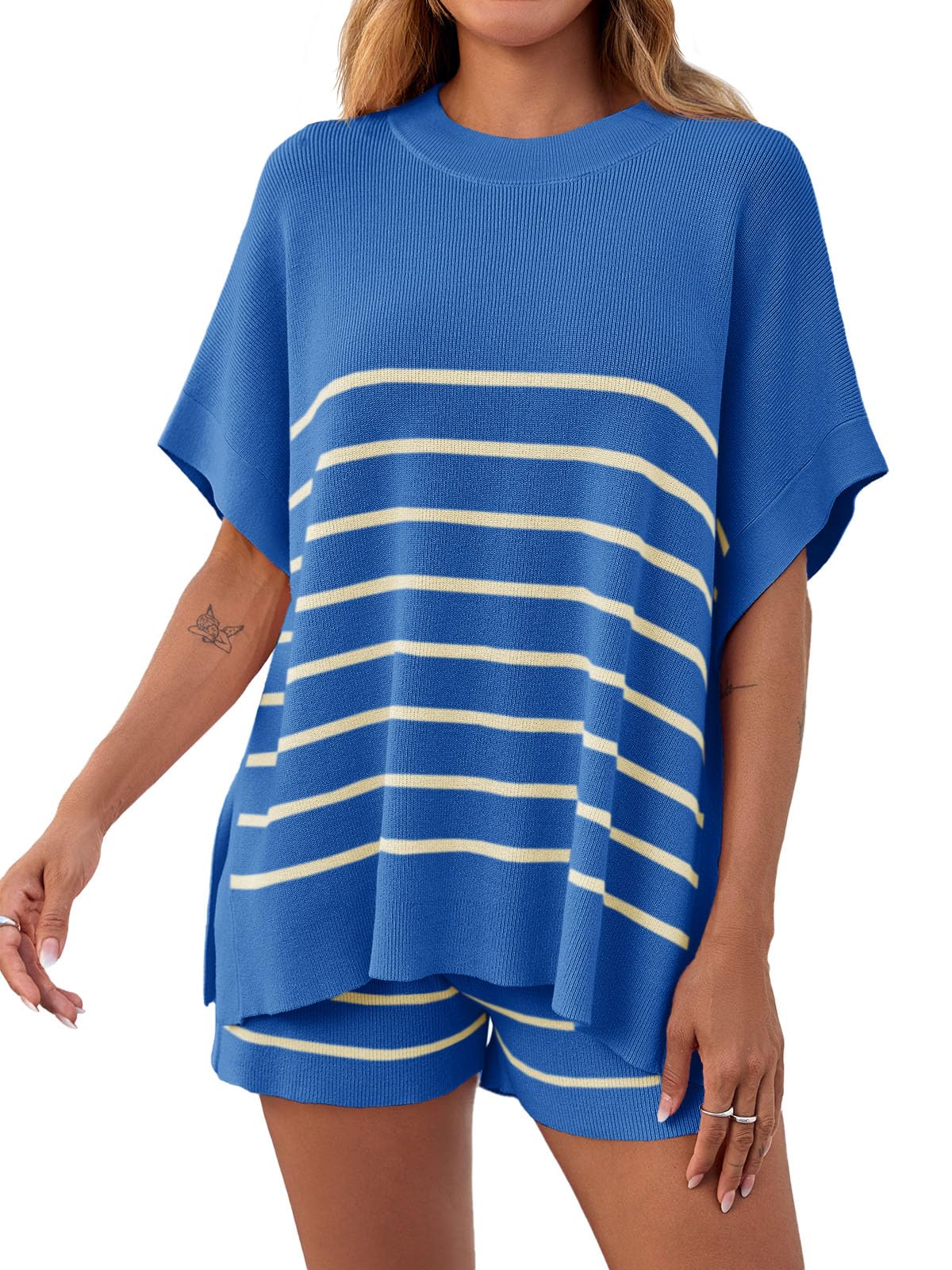 Women's Striped Two-Piece Oversized Batwing Sleeve Short Sleeve Top and Shorts Set