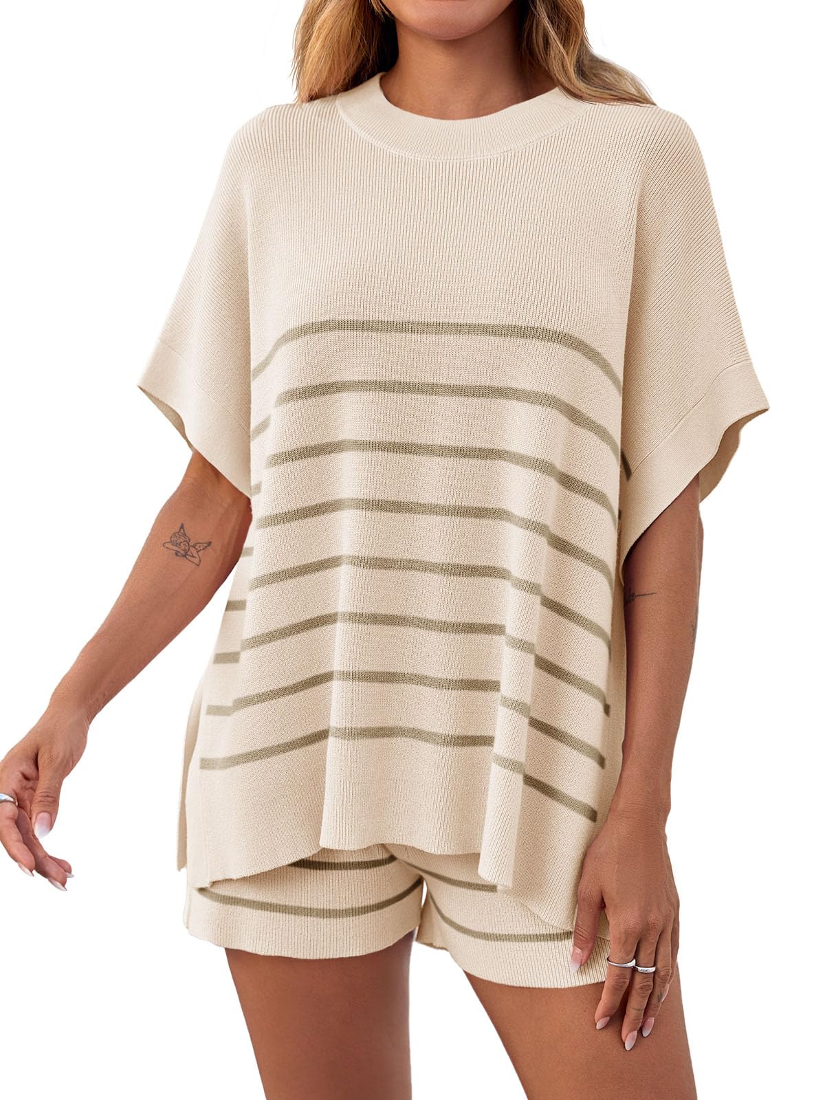 Women's Striped Two-Piece Oversized Batwing Sleeve Short Sleeve Top and Shorts Set
