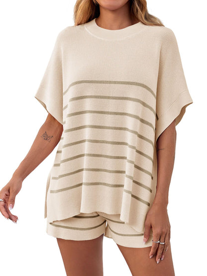 Women's Striped Two-Piece Oversized Batwing Sleeve Short Sleeve Top and Shorts Set