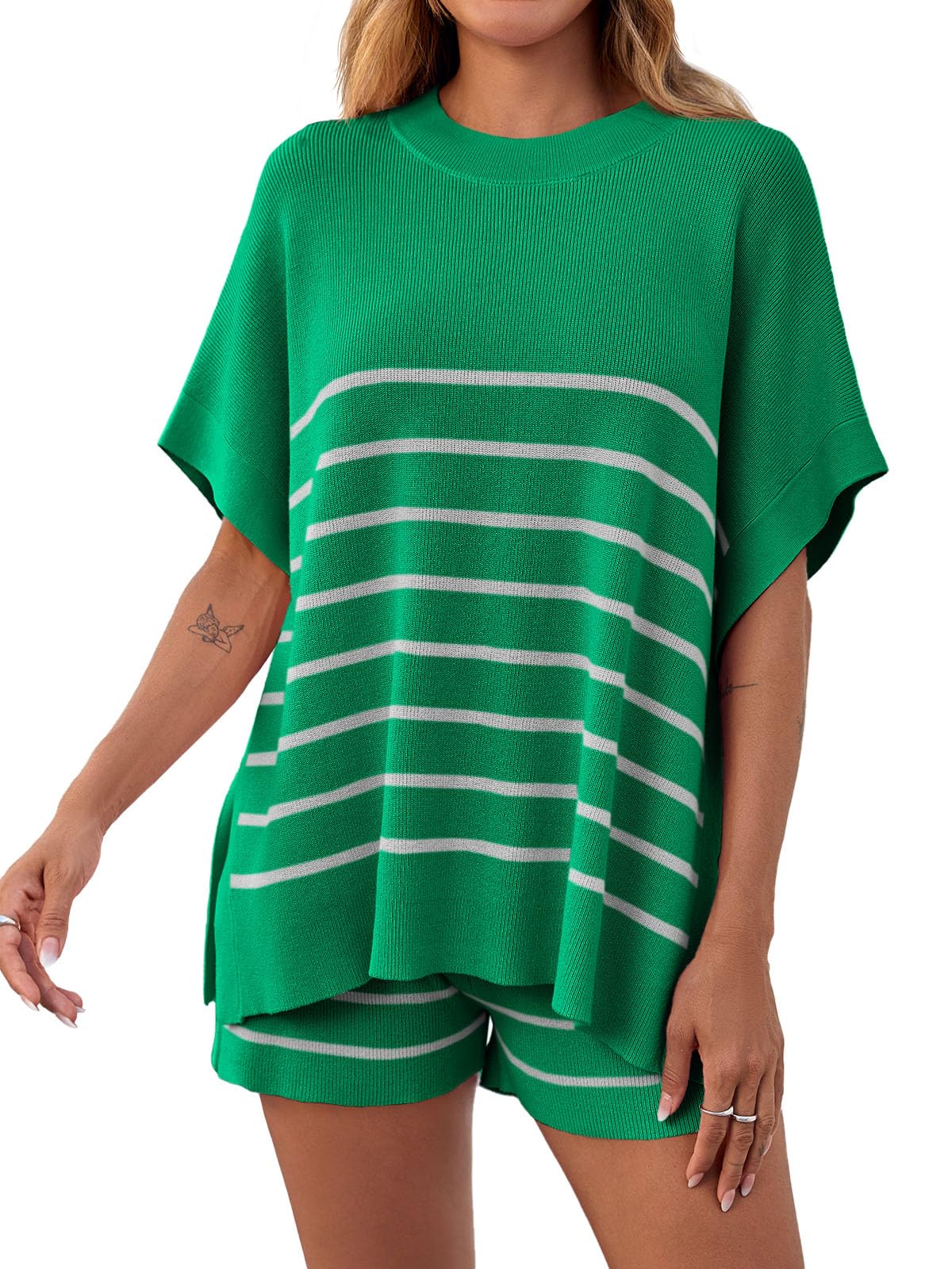 Women's Striped Two-Piece Oversized Batwing Sleeve Short Sleeve Top and Shorts Set