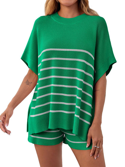 Women's Striped Two-Piece Oversized Batwing Sleeve Short Sleeve Top and Shorts Set