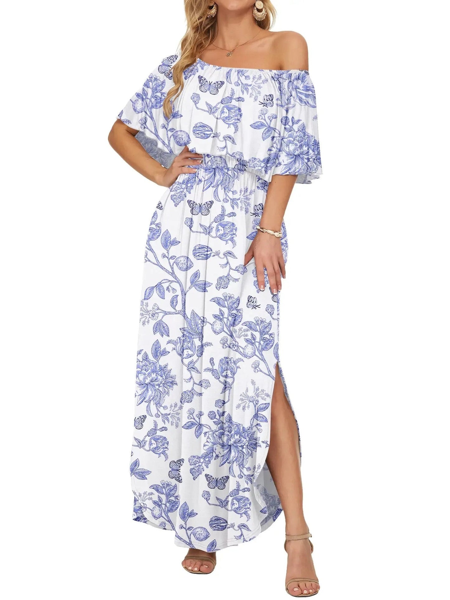 ⏰Hot Sale-Women's Off Shoulder Ruffle Short Sleeve Side Split Maxi Dresses with Pockets