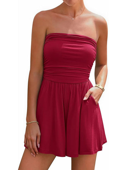 ⏰Hot Sale-Womens Strapless Tube Beach Vacation Romper with Pockets