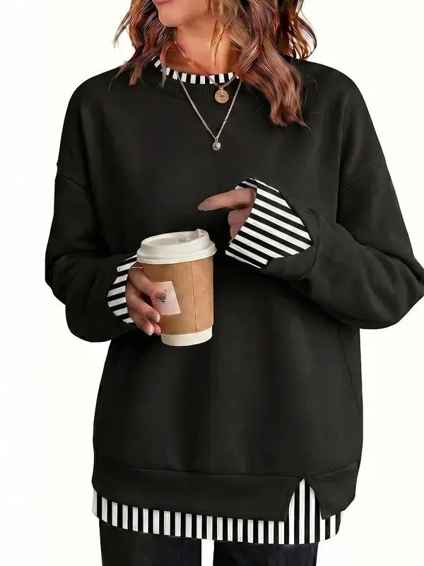 Women's Fake Two Piece Layered Sweatshirt Patchwork Oversized Pullover Top
