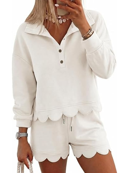⏰Hot Sale-Women Scalloped Hem Half Button Polo Two Piece Set