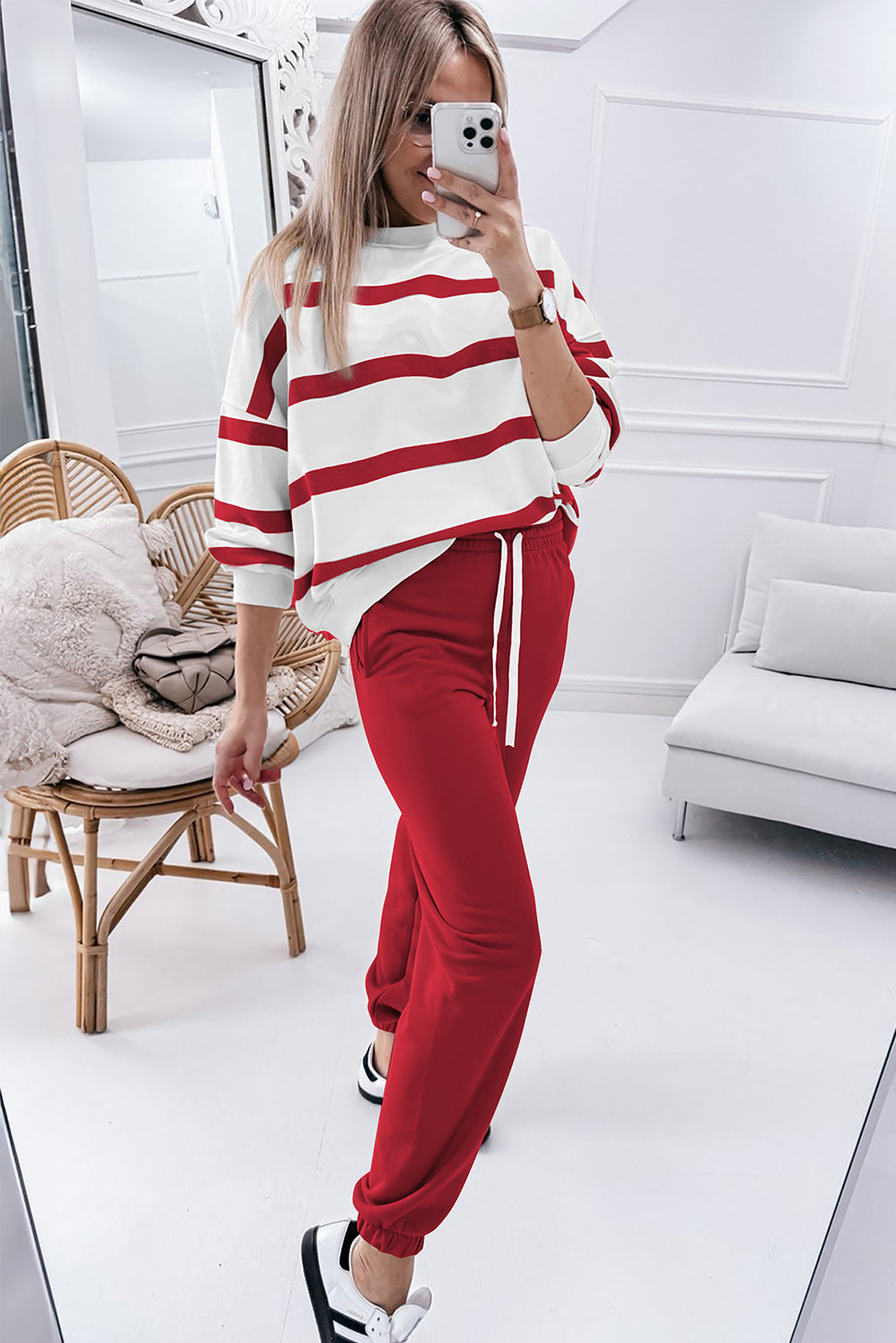 Limited time sale🔥Women's Stripe Drop Shoulder Pullover and Jogger Pants Set