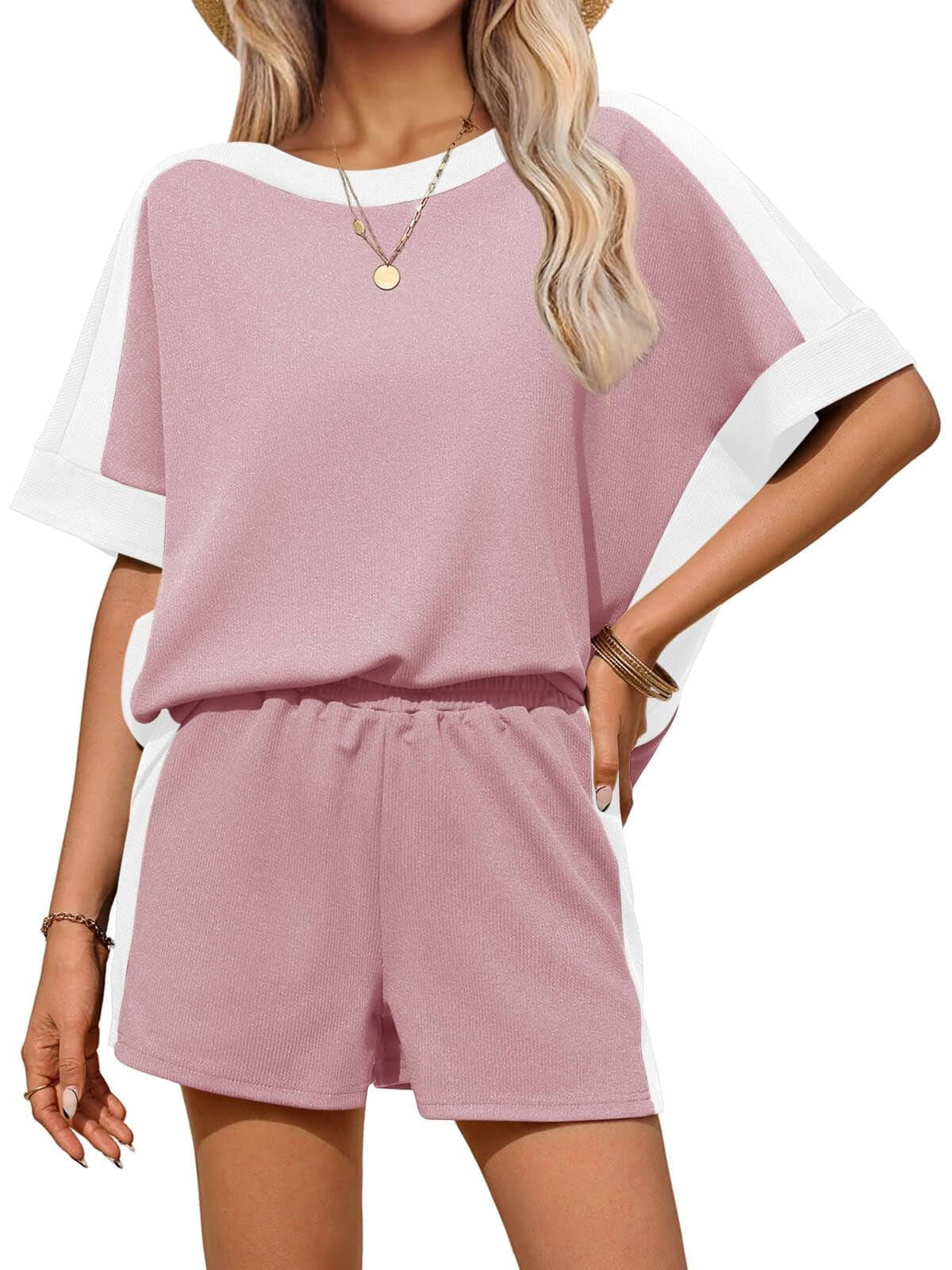 Womens 2 Piece Summer Outfits Oversized Short Sleeve Tops and Shorts Matching Sets