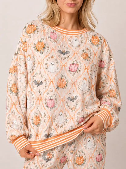 Women Halloween Pumpkin Ghost Print Long Sleeve 2 Piece Pajama Set