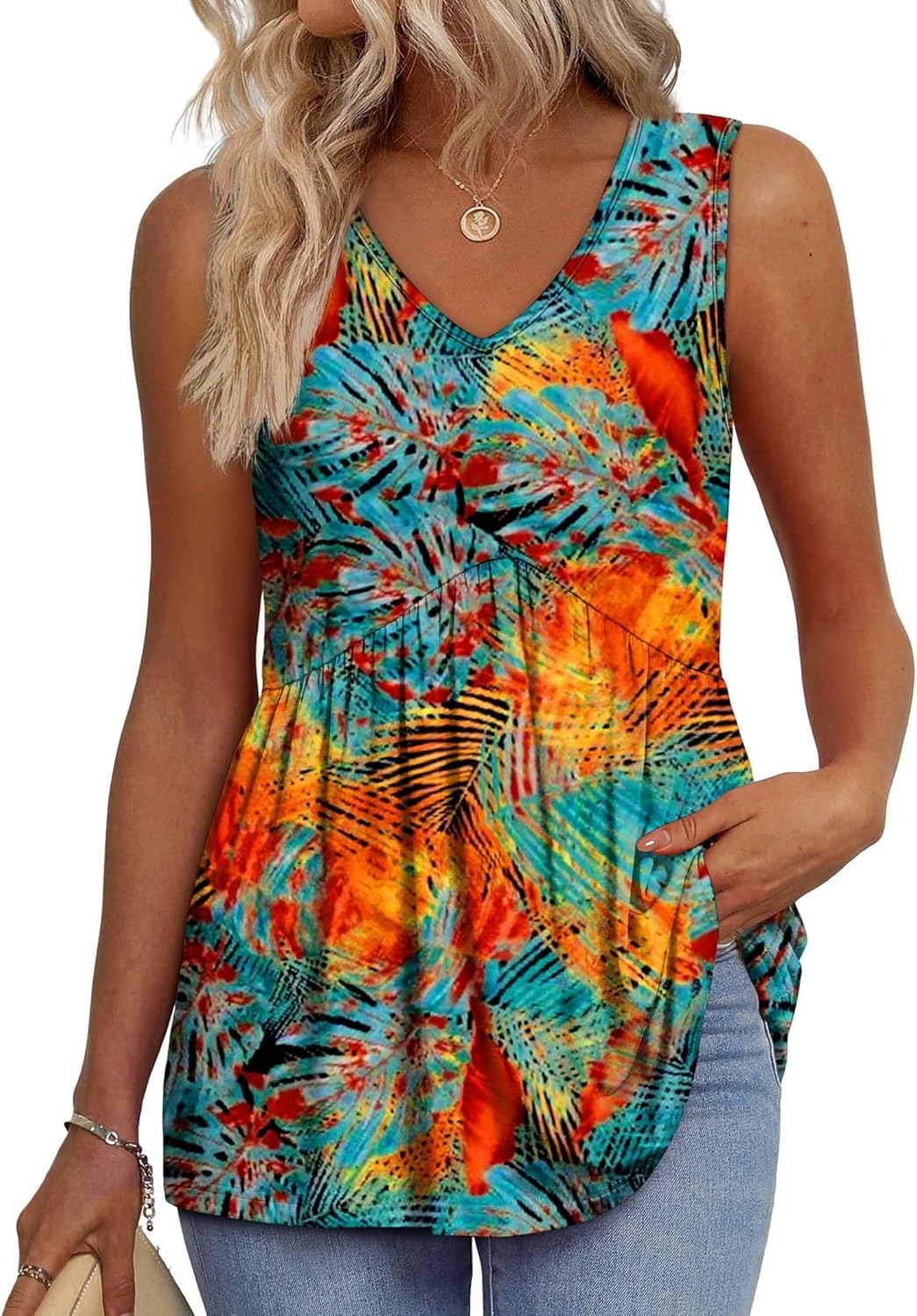 ⏰Hot Sale-Women's Print Flowy Sleeveless V Neck Peplum Tank Tops