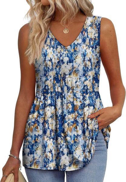 ⏰Hot Sale-Women's Print Flowy Sleeveless V Neck Peplum Tank Tops