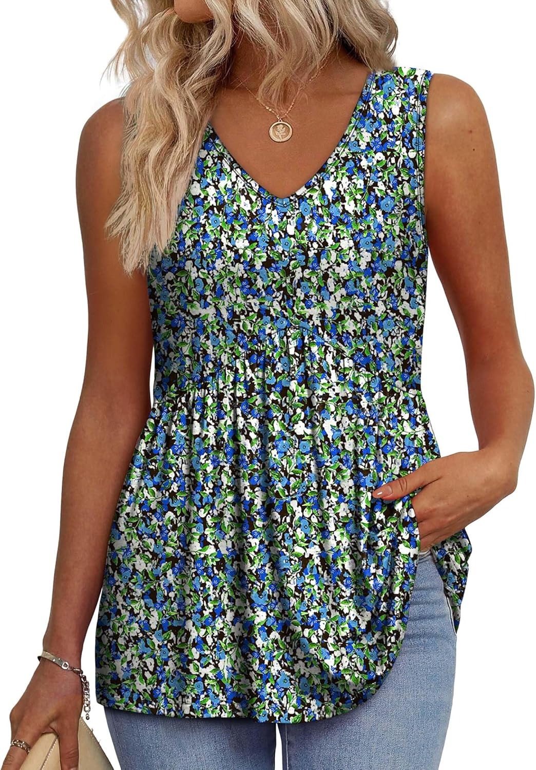 ⏰Hot Sale-Women's Print Flowy Sleeveless V Neck Peplum Tank Tops