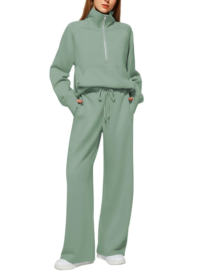 Women's Oversized Half Zip Wide Leg 2 Piece Outfits Lounge Set