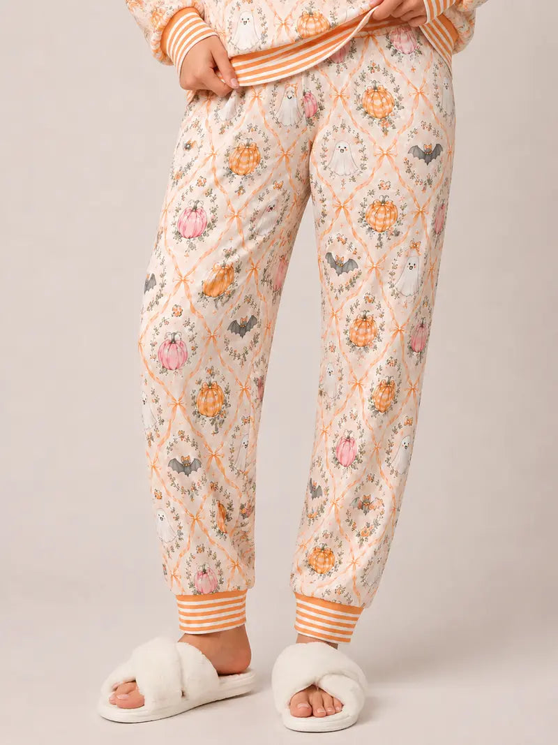 Women Halloween Pumpkin Ghost Print Long Sleeve 2 Piece Pajama Set