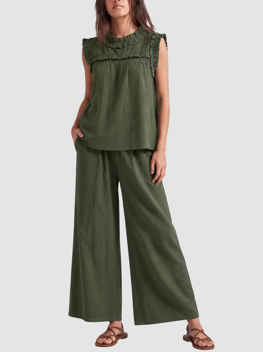 Linen Blend Sleeveless Ruffle Top & Wide Leg Pants Two Piece Outfit Set