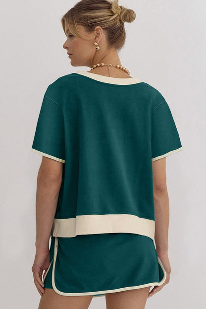 ✨Women's Colorblock Edge Drop Shoulder T Shirt Skort 2Pcs Set